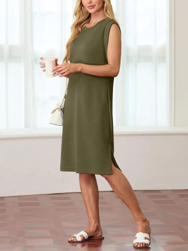 🔥Women's Round Neck Loose Slit Wrinkle-Free Midi Dress with Pockets💥