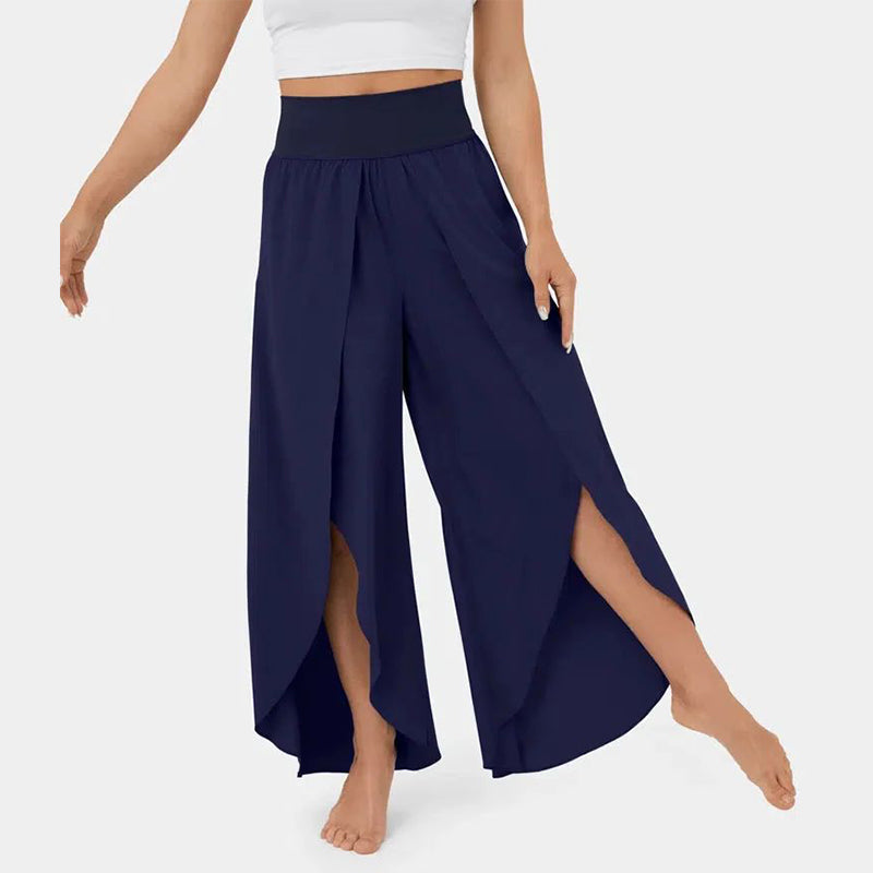 High Waist Back Pocket Flowy Slit Wide Leg Quick Dry Casual Pants