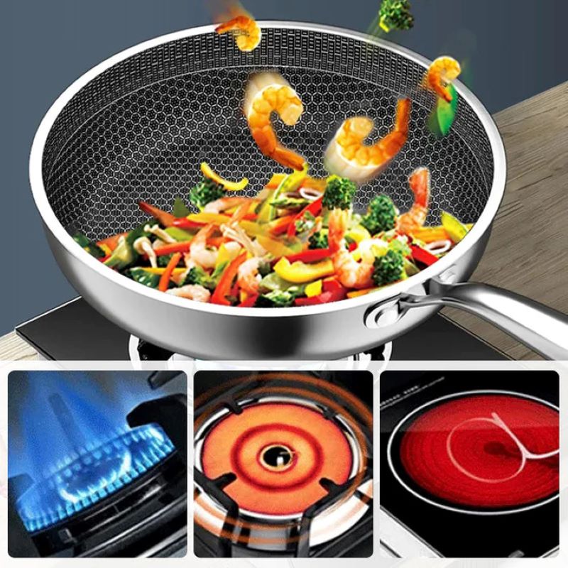 Non-stick stainless steel honeycomb frying pan