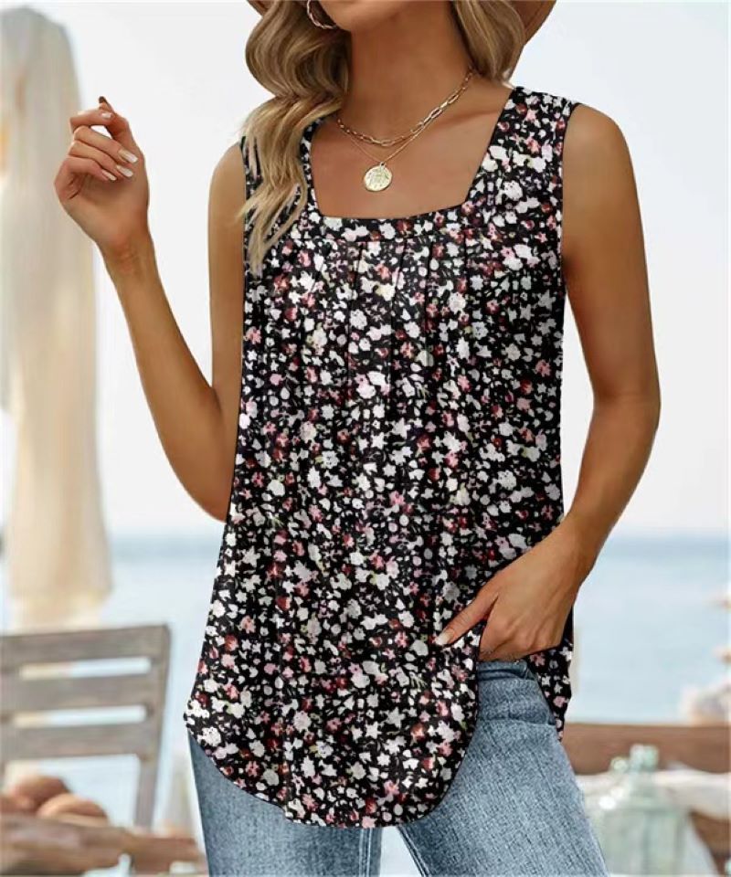 Sleeveless Square Neck Printed Vest