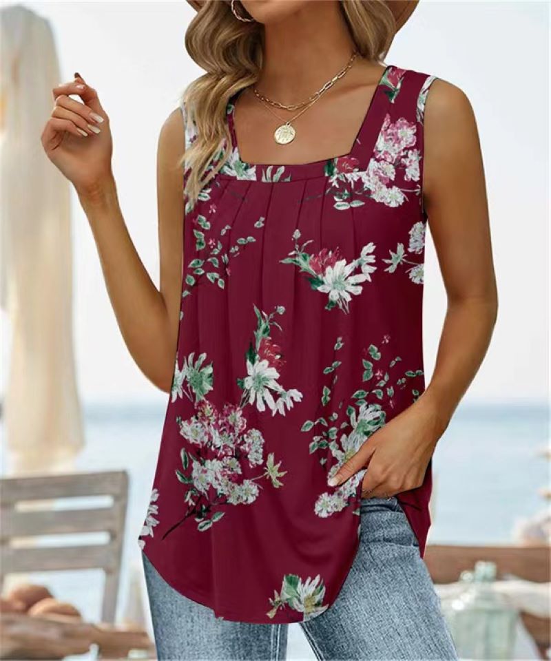 Sleeveless Square Neck Printed Vest