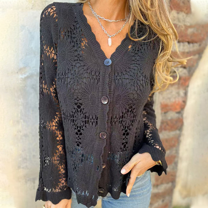 Women's V-neck lace long-sleeved top