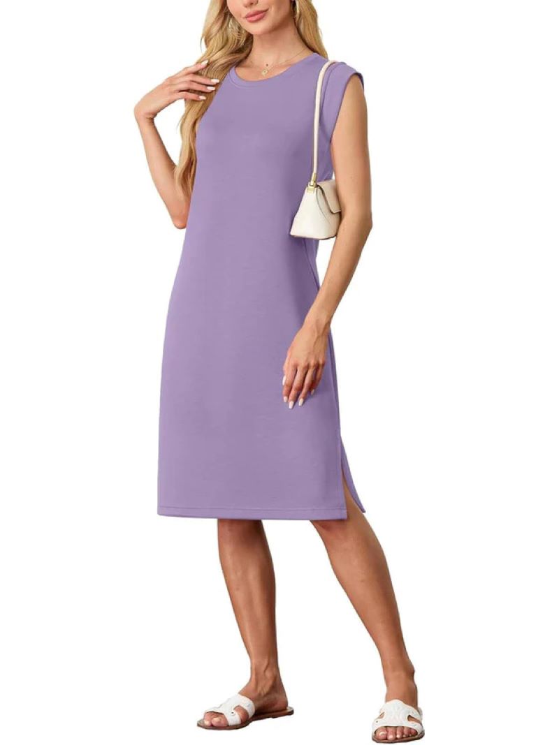 🔥Women's Round Neck Loose Slit Wrinkle-Free Midi Dress with Pockets💥