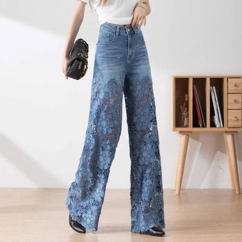 Women's hollow lace patchwork jeans