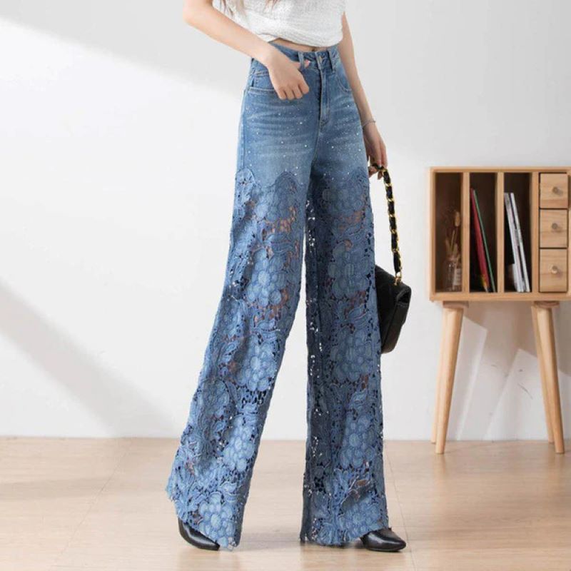 Women's hollow lace patchwork jeans