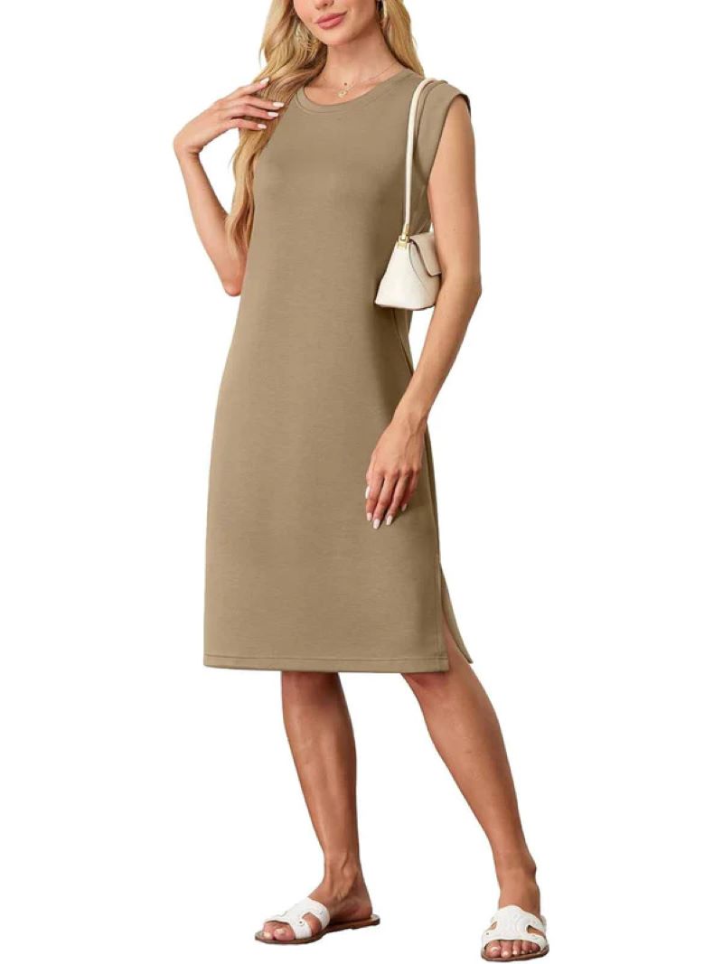 🔥Women's Round Neck Loose Slit Wrinkle-Free Midi Dress with Pockets💥
