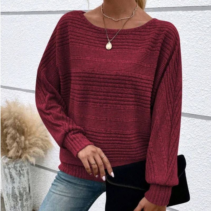 Solid Round-Neck Striped Top with Long Sleeves