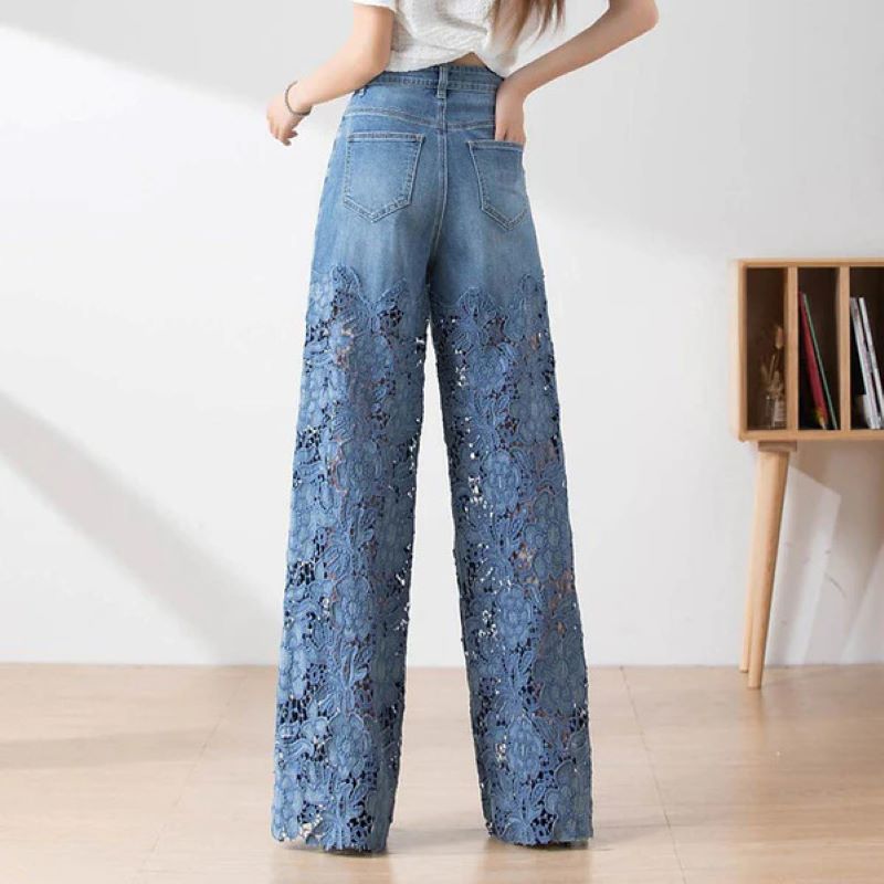 Women's hollow lace patchwork jeans