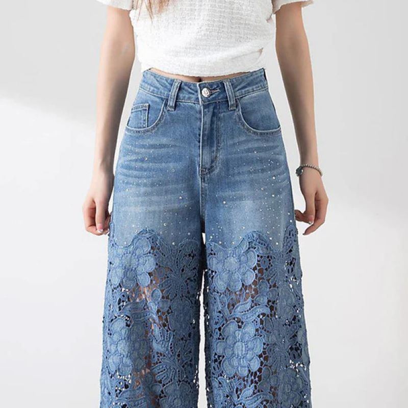 Women's hollow lace patchwork jeans