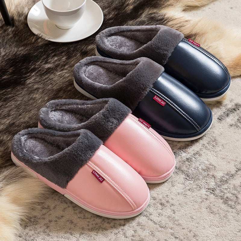 Non-slip waterproof fashion leather cotton slippers