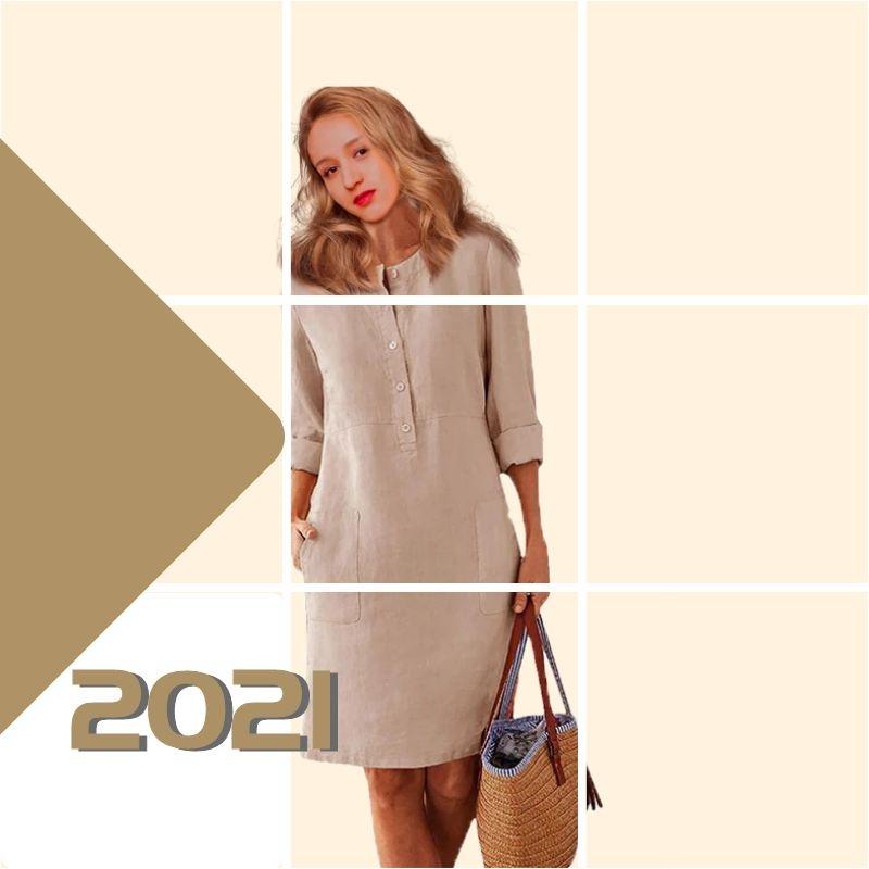 Long-sleeved cotton and linen dress with a round neckline