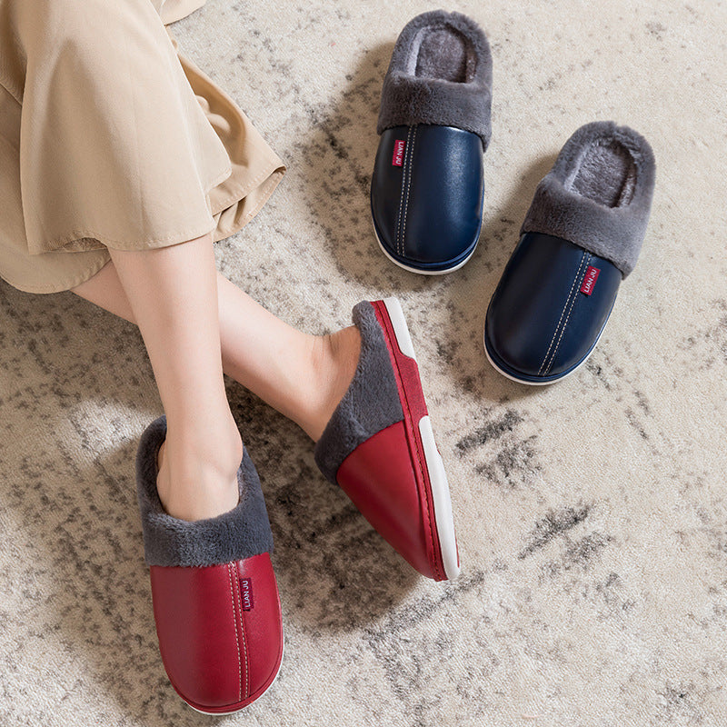 Non-slip waterproof fashion leather cotton slippers