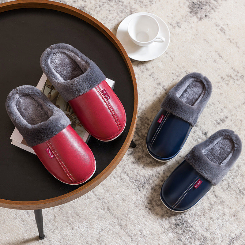 Non-slip waterproof fashion leather cotton slippers
