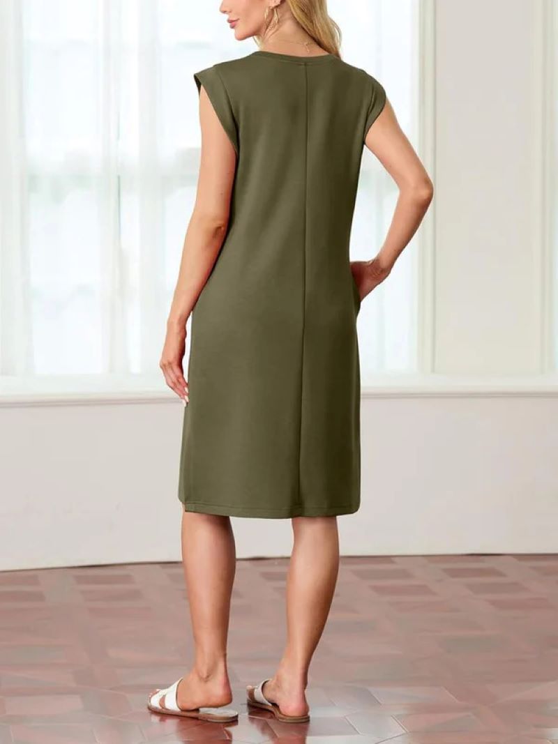 🔥Women's Round Neck Loose Slit Wrinkle-Free Midi Dress with Pockets💥