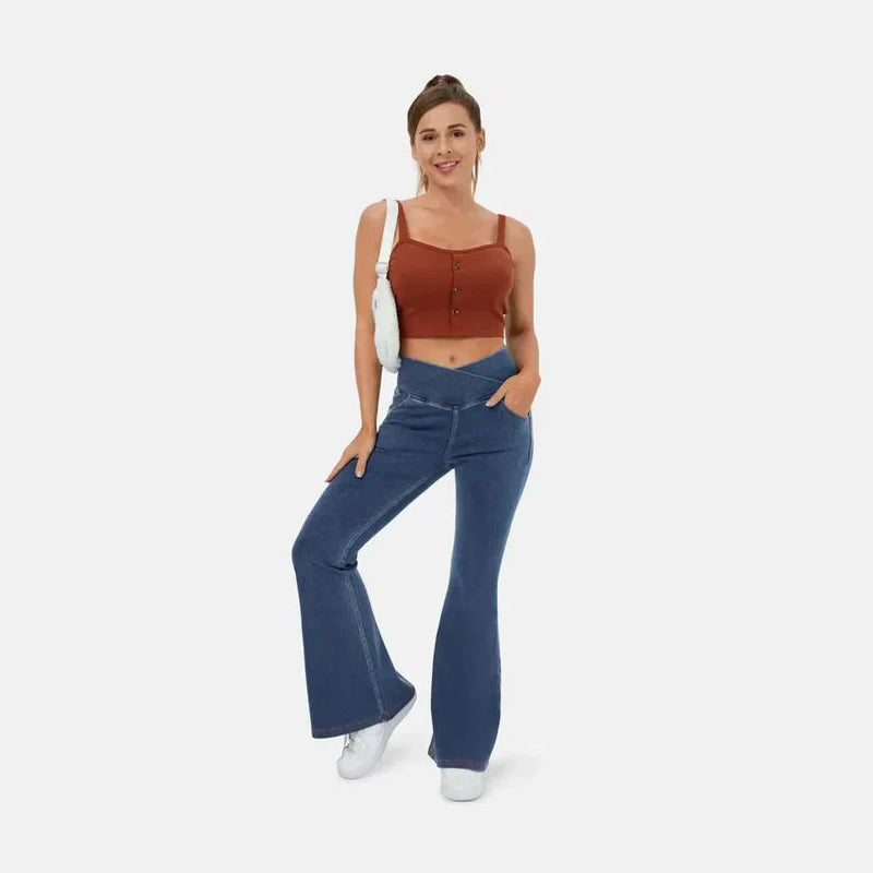 High-waisted stretch denim flared pants