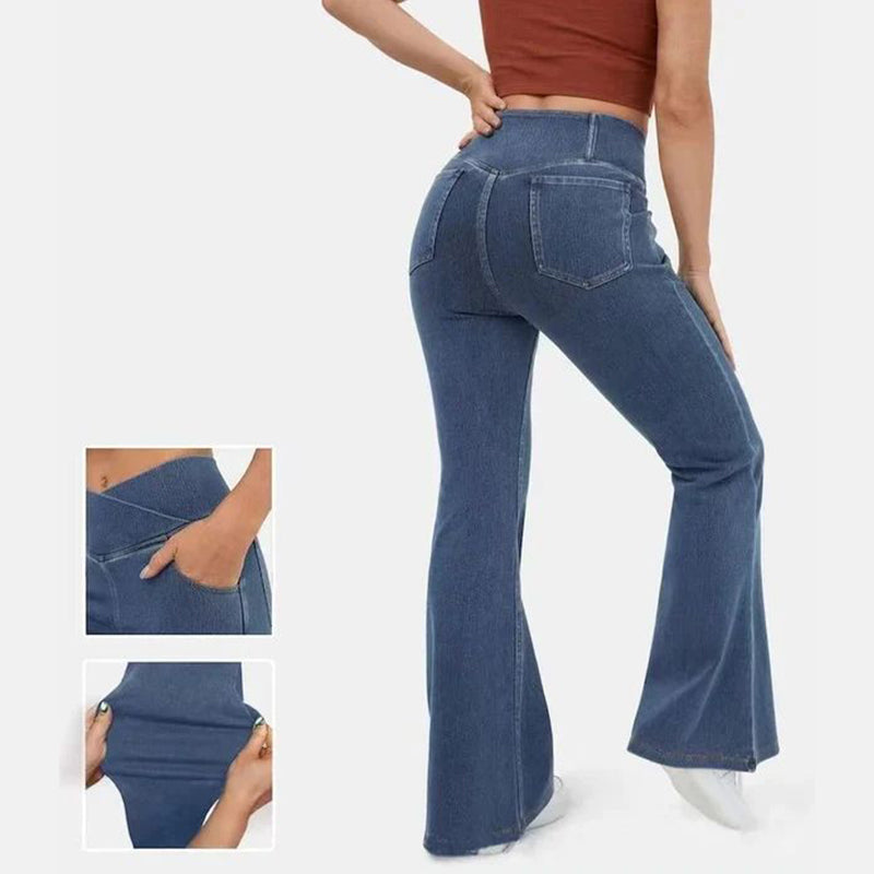 High-waisted stretch denim flared pants