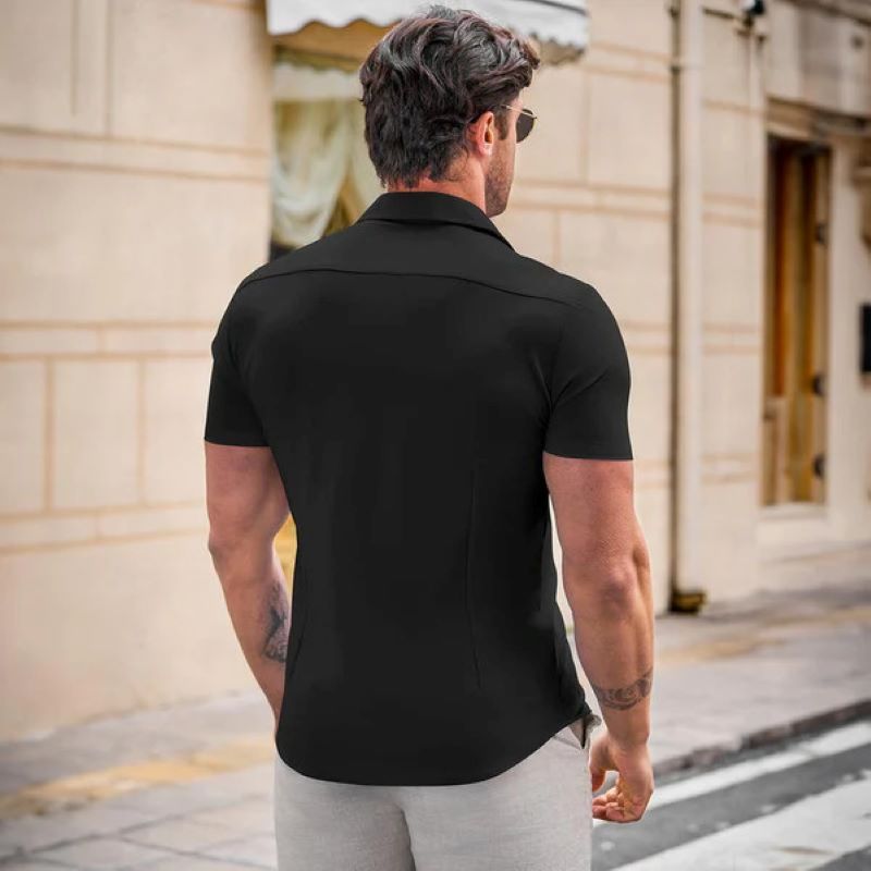 Men's solid color lapel short sleeve shirt
