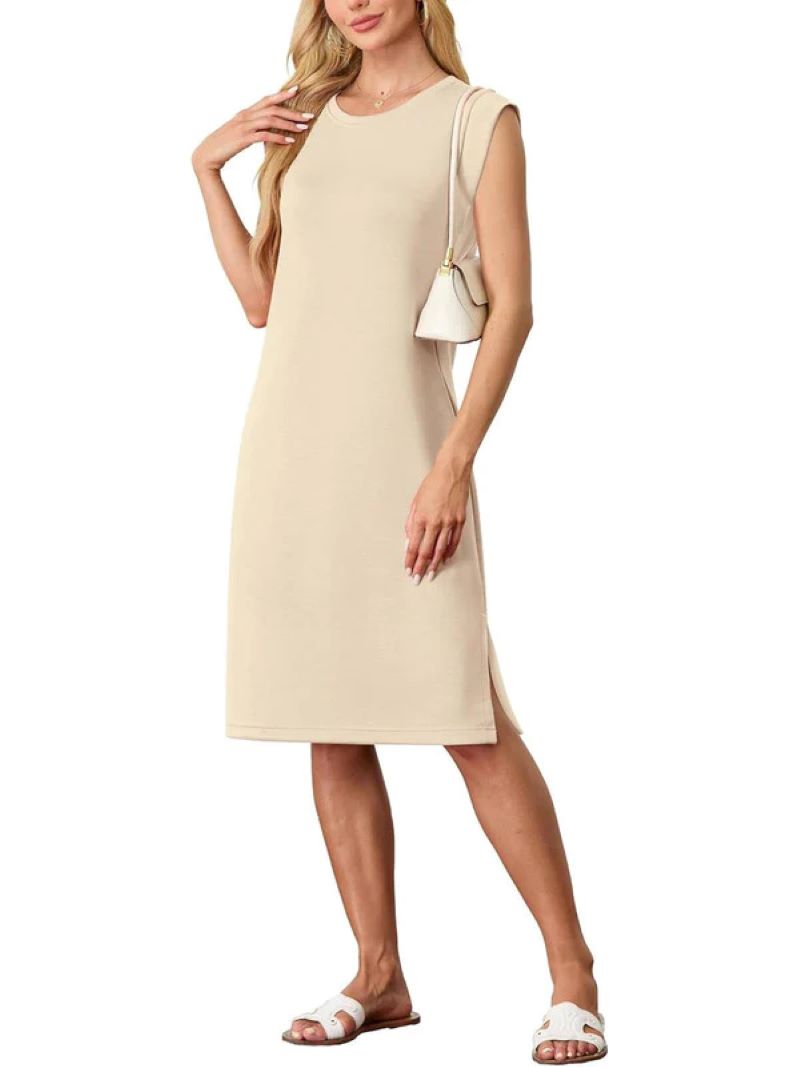 🔥Women's Round Neck Loose Slit Wrinkle-Free Midi Dress with Pockets💥