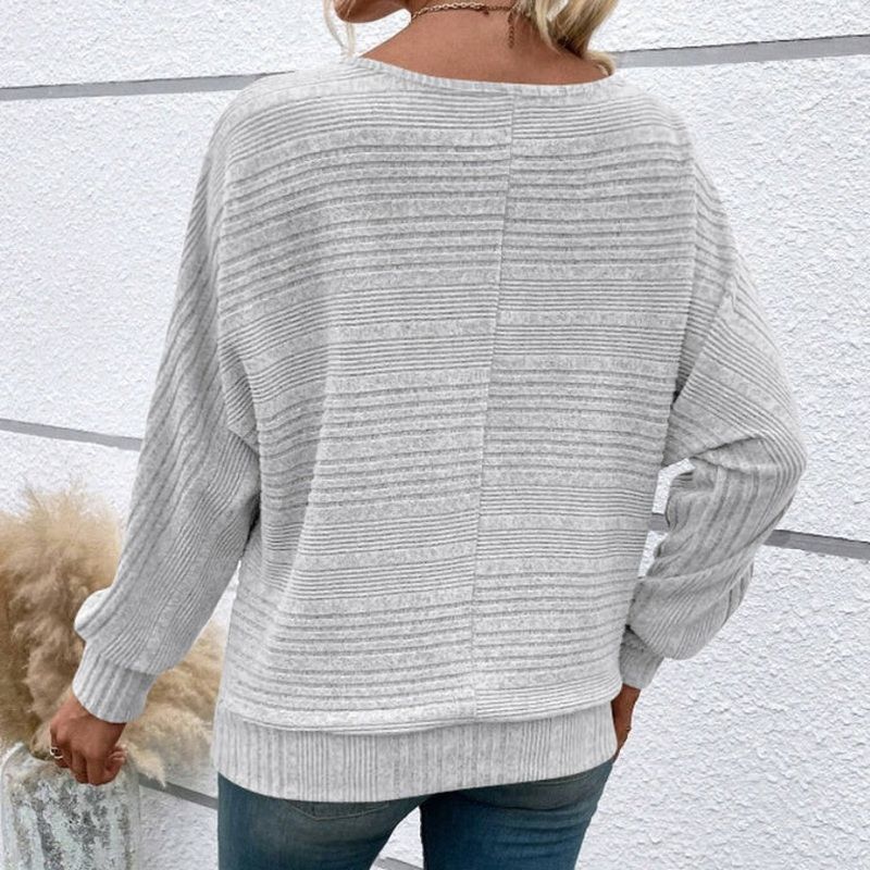 Solid Round-Neck Striped Top with Long Sleeves