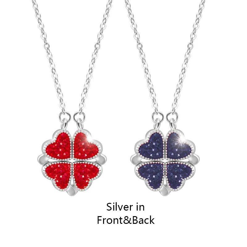 Double Sided Four Leaf Clovers Heart Crystal Necklace