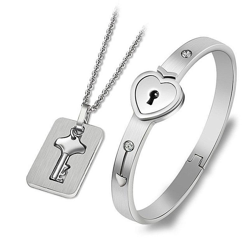 Heart Lock Bracelet & Key Necklace Set