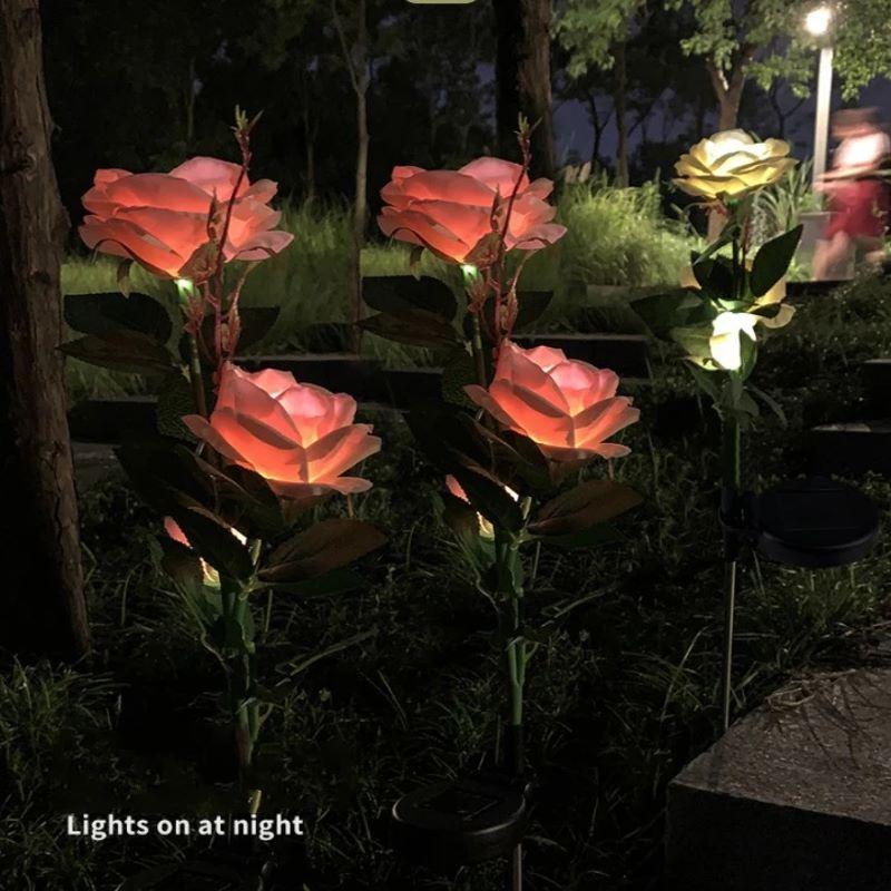 SPRING ARTIFICIAL ROSE SOLAR GARDEN STAKE LIGHTS