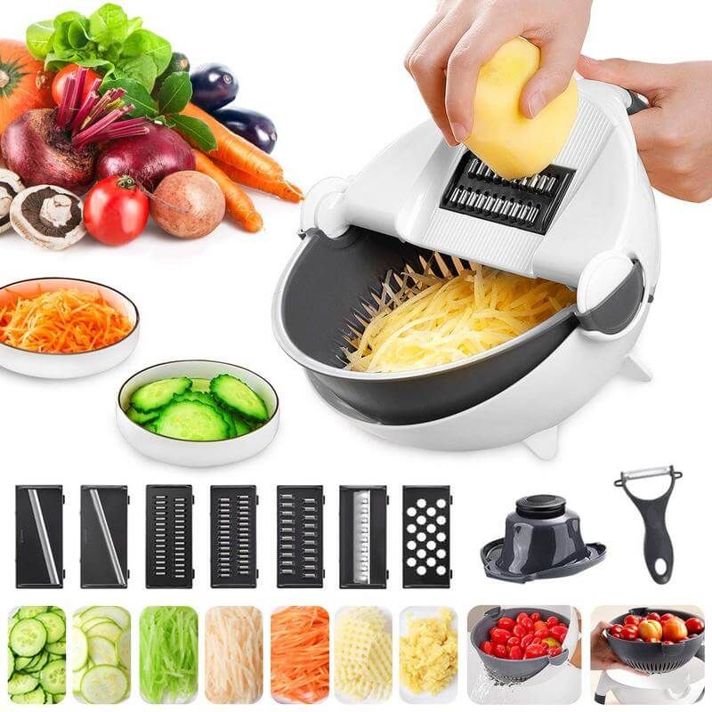 Nine-in-one multifunctional vegetable draining and cutting device