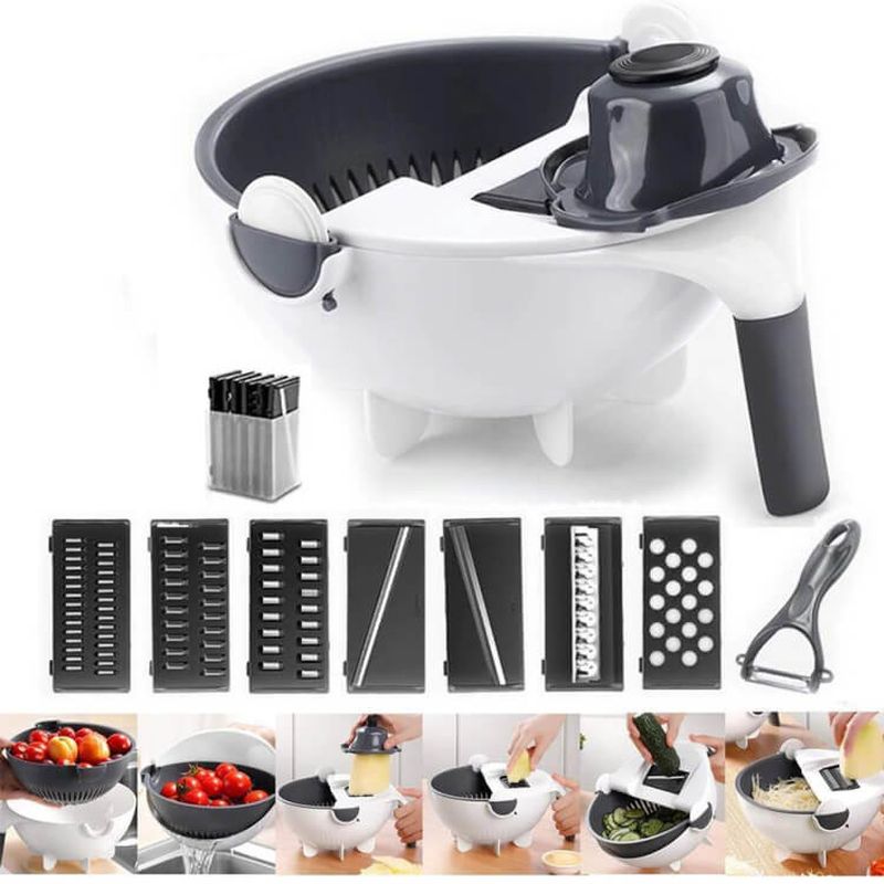 Nine-in-one multifunctional vegetable draining and cutting device