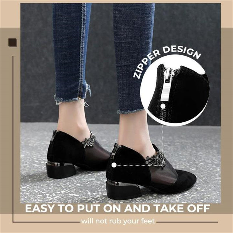 Rhinestone Hollow Chunky Heel Shoes