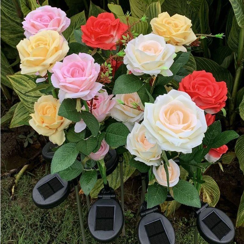 SPRING ARTIFICIAL ROSE SOLAR GARDEN STAKE LIGHTS